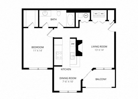 Floor plan for 1 bed, 1 bath, 775 sqft